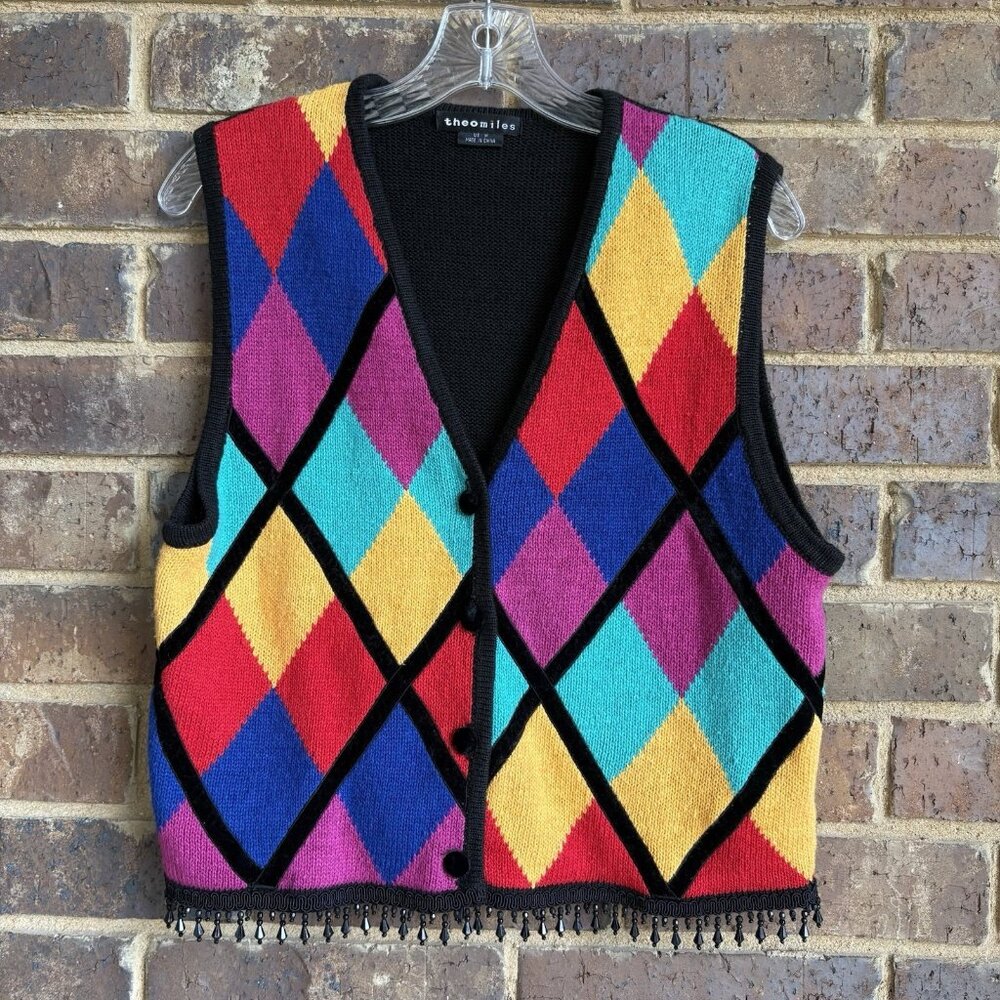 VTG Sweater Vest Size M Theo Miles Velvet And Beaded Accents Multicolor